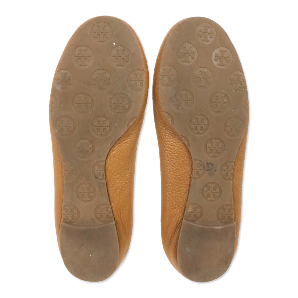 Tory Burch Tan Pebble Leather Minnie Travel Ballet Flats