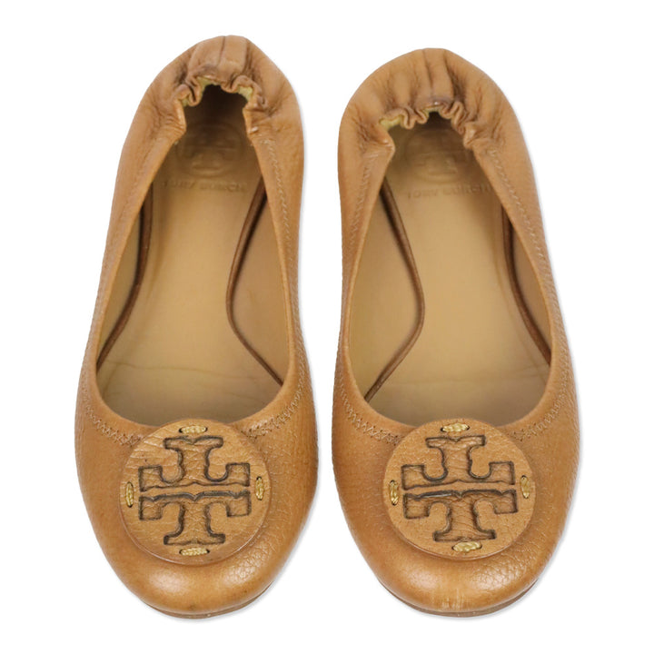 Tory Burch Tan Pebble Leather Minnie Travel Ballet Flats