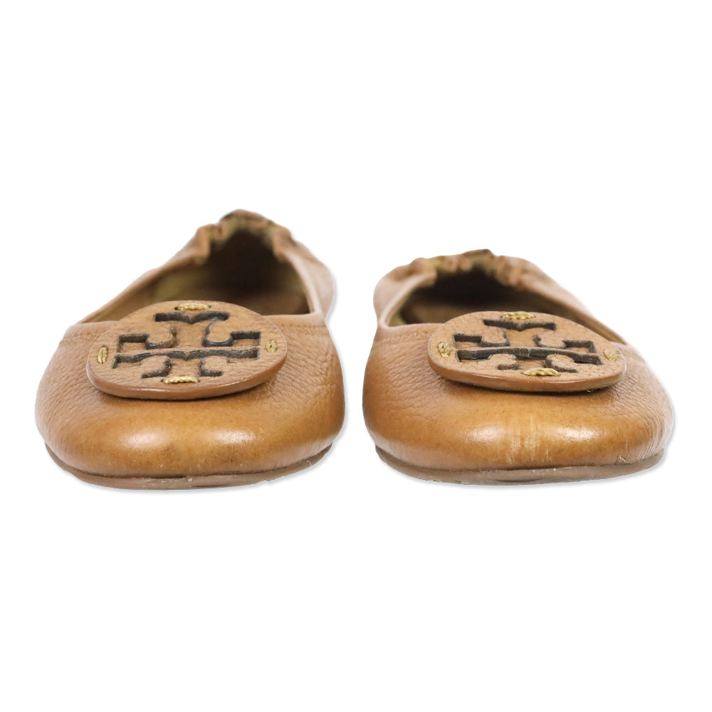 Tory Burch Tan Pebble Leather Minnie Travel Ballet Flats