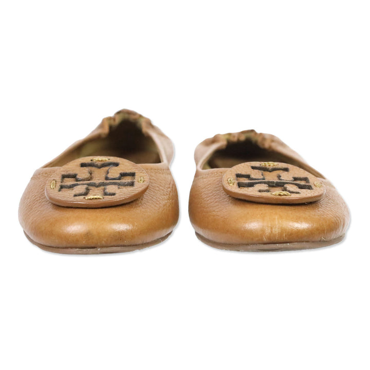 Tory Burch Tan Pebble Leather Minnie Travel Ballet Flats