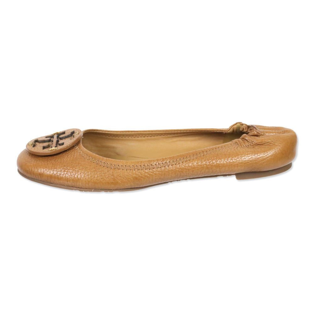 Tory Burch Tan Pebble Leather Minnie Travel Ballet Flats