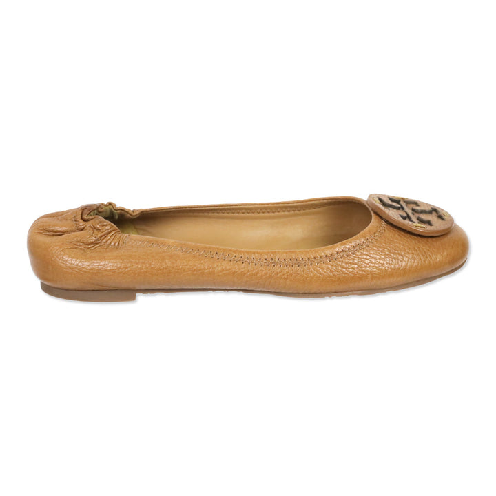 Tory Burch Tan Pebble Leather Minnie Travel Ballet Flats