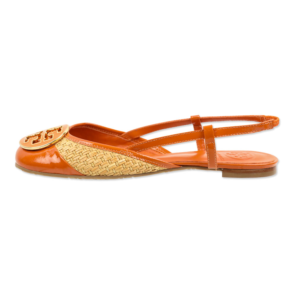 Tory Burch Tangerine Patent Leather/Woven Straw Randy Slingback Flat