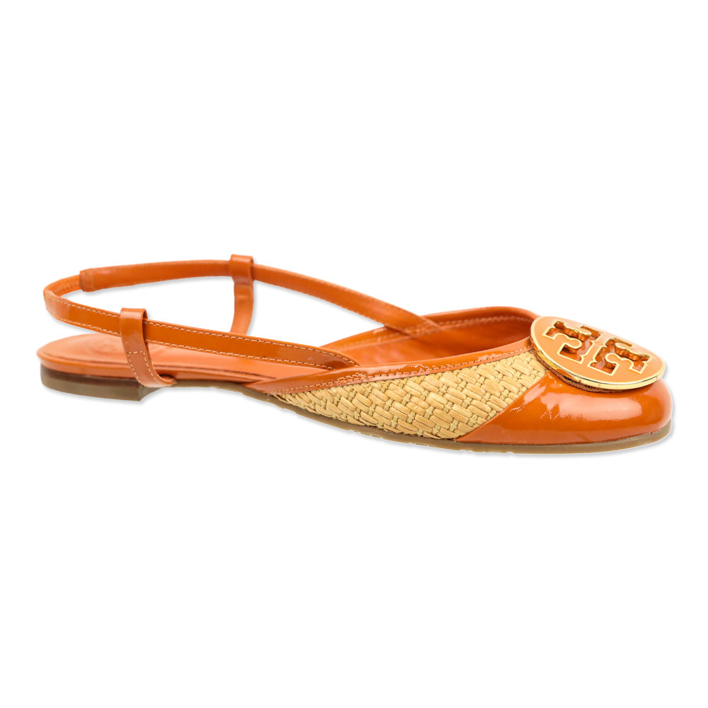 Tory Burch Tangerine Patent Leather/Woven Straw Randy Slingback Flat