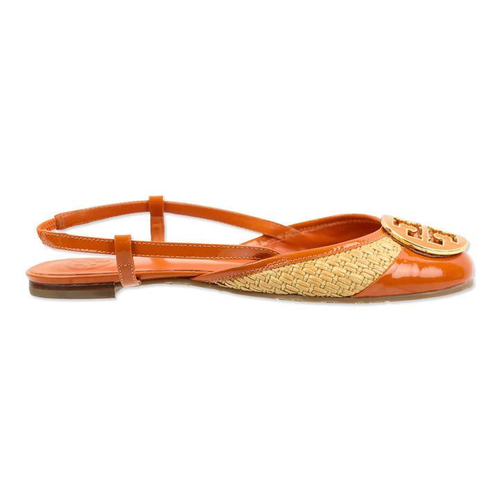 Tory Burch Tangerine Patent Leather/Woven Straw Randy Slingback Flat