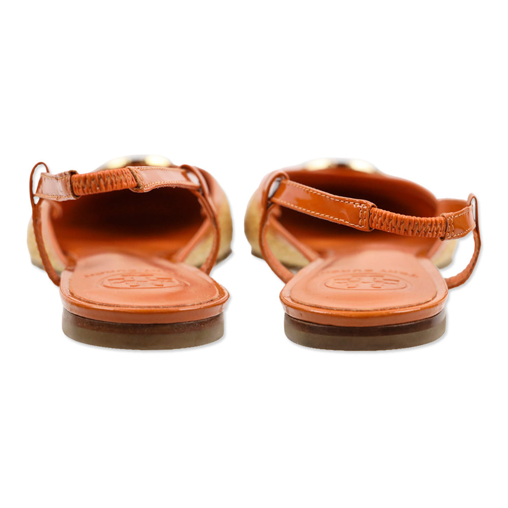 Tory Burch Tangerine Patent Leather/Woven Straw Randy Slingback Flat