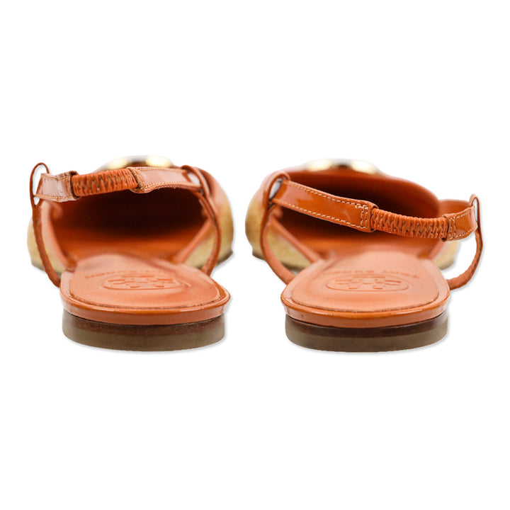 Tory Burch Tangerine Patent Leather/Woven Straw Randy Slingback Flat
