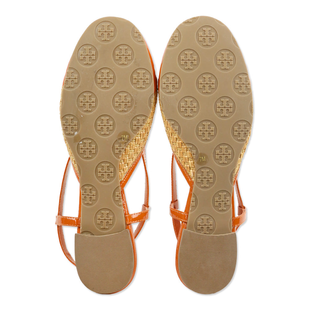 Tory Burch Tangerine Patent Leather/Woven Straw Randy Slingback Flat