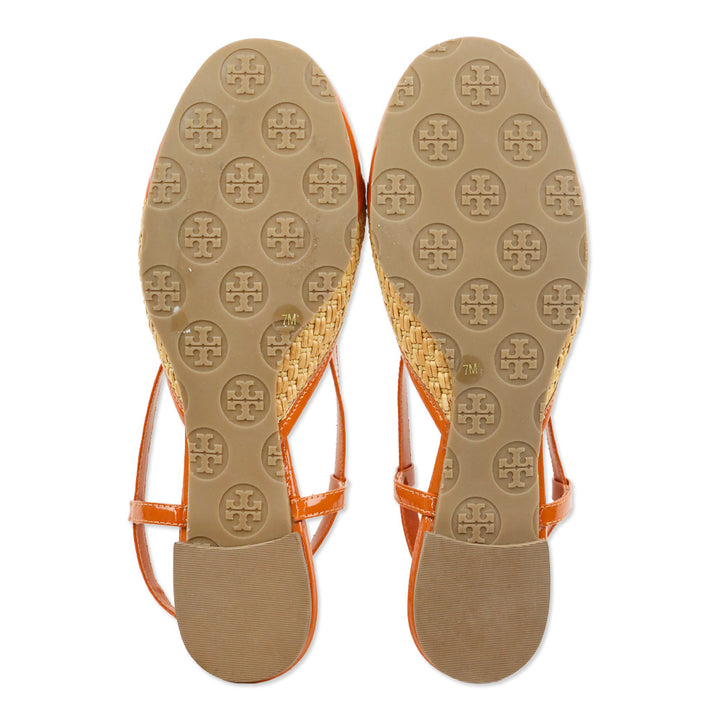 Tory Burch Tangerine Patent Leather/Woven Straw Randy Slingback Flat