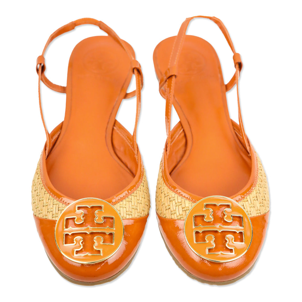 Tory Burch Tangerine Patent Leather/Woven Straw Randy Slingback Flat