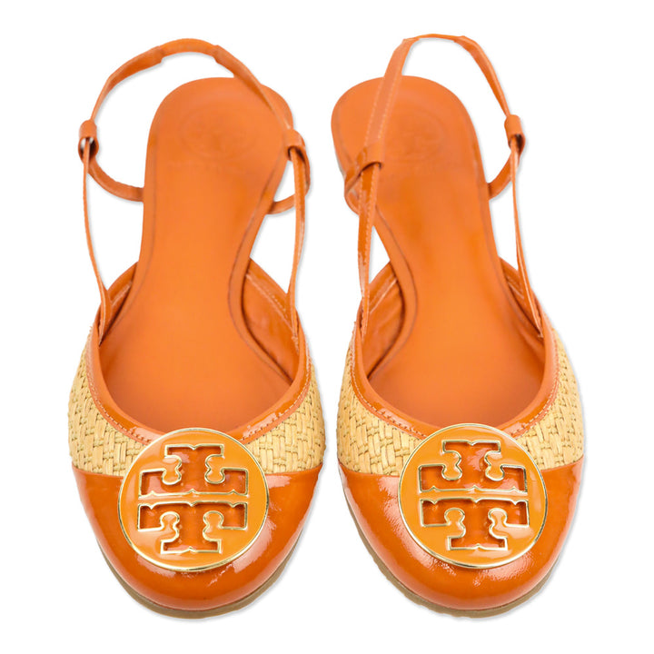 Tory Burch Tangerine Patent Leather/Woven Straw Randy Slingback Flat