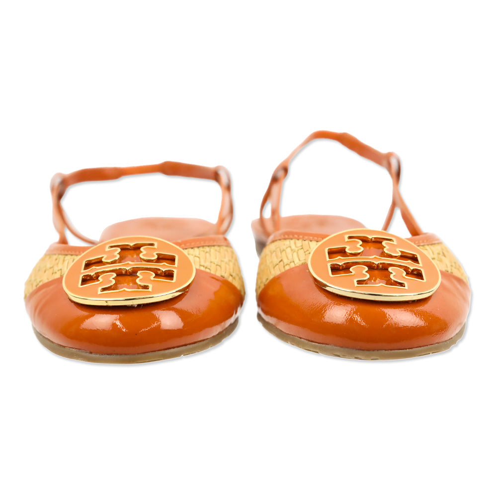 Tory Burch Tangerine Patent Leather/Woven Straw Randy Slingback Flat