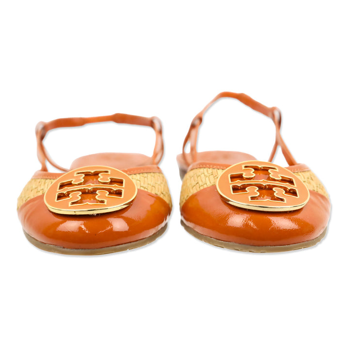 Tory Burch Tangerine Patent Leather/Woven Straw Randy Slingback Flat