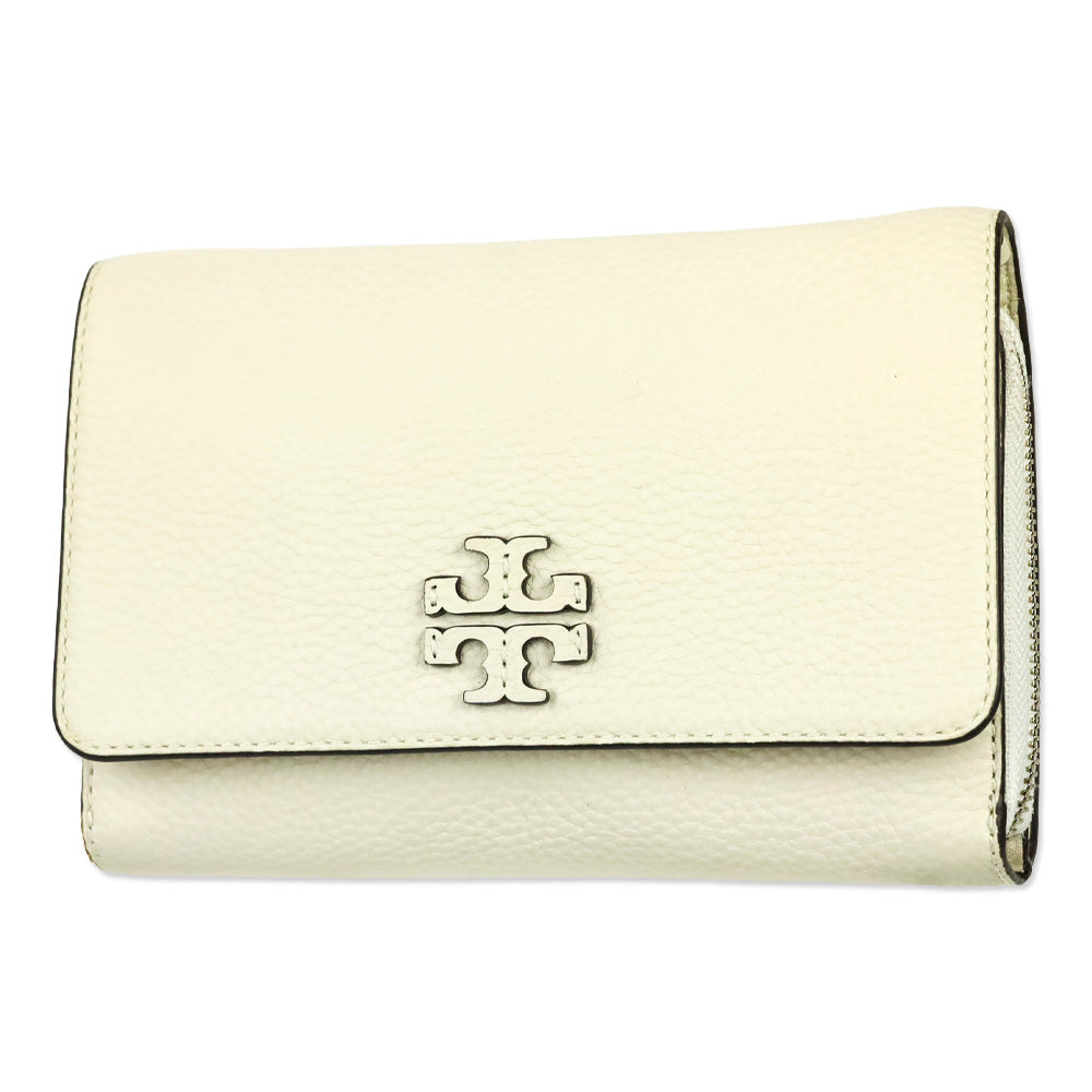 Tory Burch Taylor Cream Pebbled Leather Flat Wallet with Braided Strap