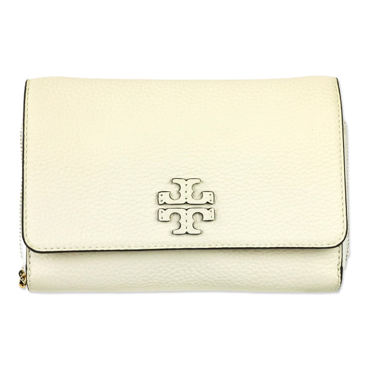 Tory Burch Taylor Cream Pebbled Leather Flat Wallet with Braided Strap