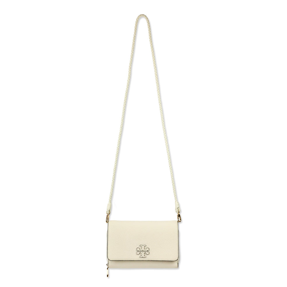 Tory Burch Taylor Cream Pebbled Leather Flat Wallet with Braided Strap