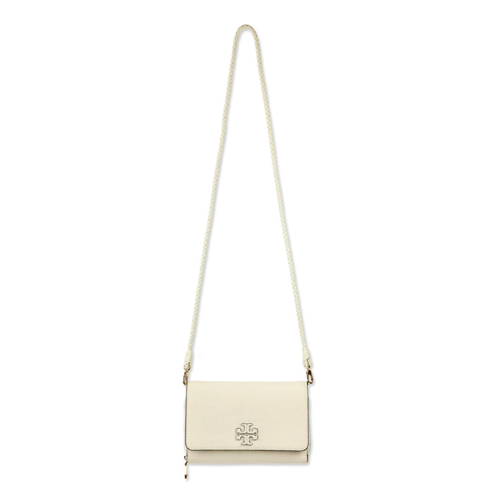 Tory Burch Taylor Cream Pebbled Leather Flat Wallet with Braided Strap