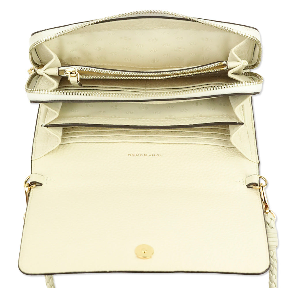 Tory Burch Taylor Cream Pebbled Leather Flat Wallet with Braided Strap