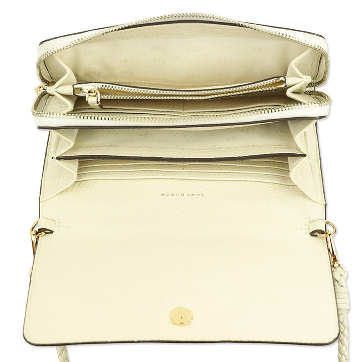 Tory Burch Taylor Cream Pebbled Leather Flat Wallet with Braided Strap
