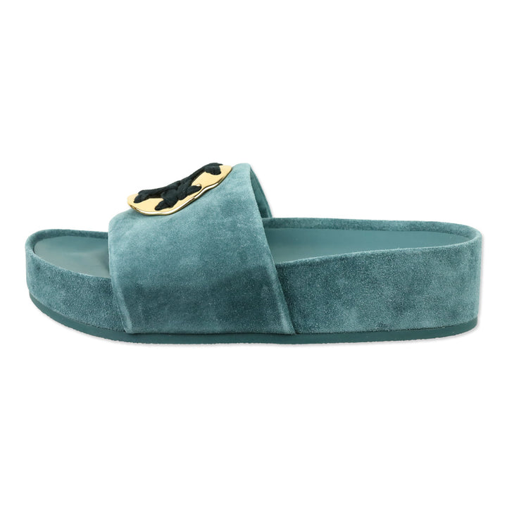 Tory Burch Teal Suede Patos Logo Slide Sandal