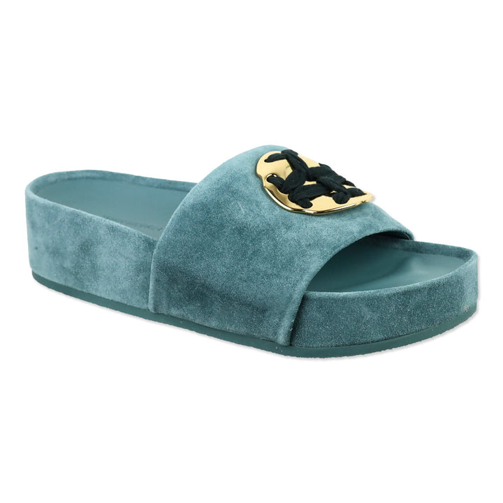 Tory Burch Teal Suede Patos Logo Slide Sandal