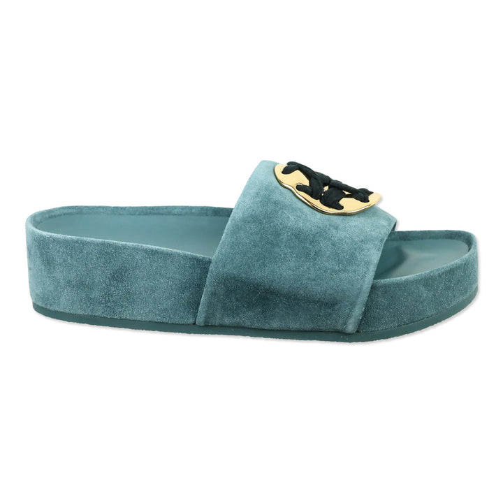 Tory Burch Teal Suede Patos Logo Slide Sandal
