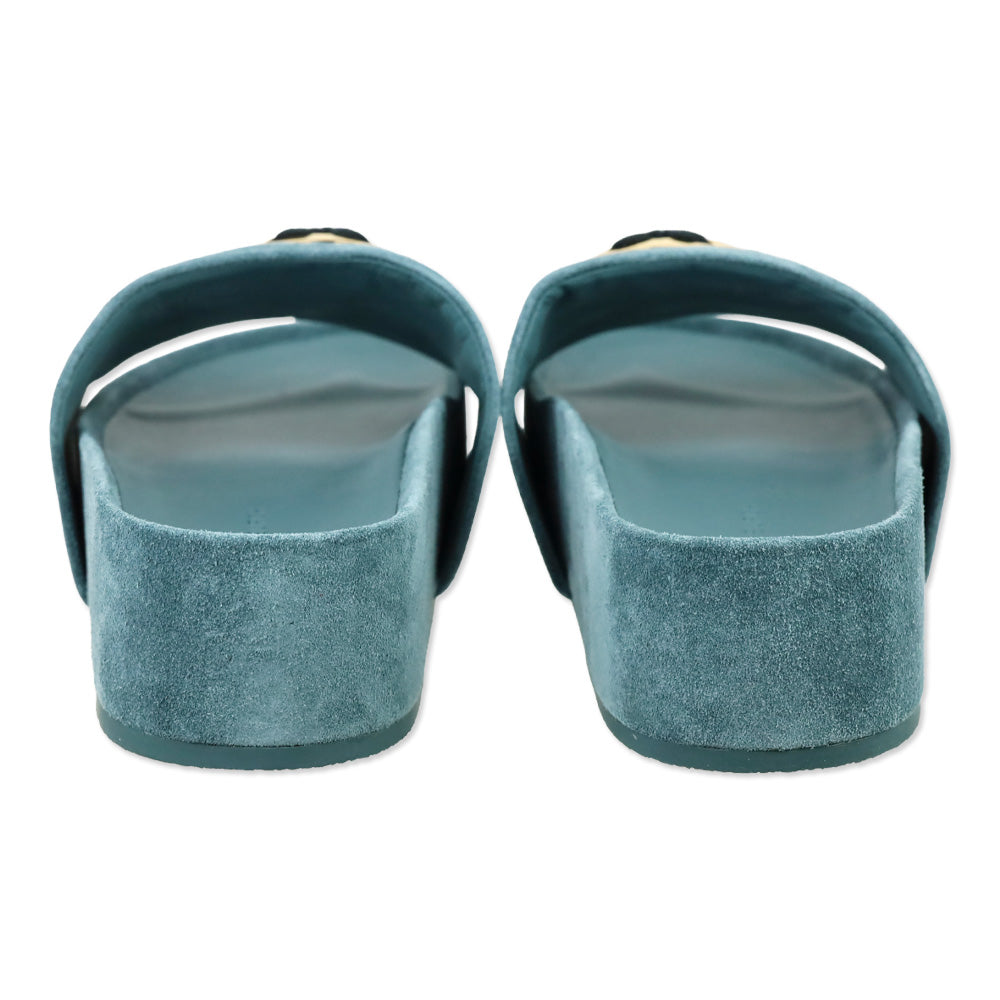 Tory Burch Teal Suede Patos Logo Slide Sandal