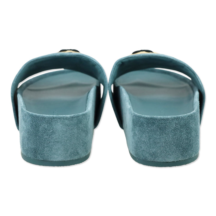 Tory Burch Teal Suede Patos Logo Slide Sandal