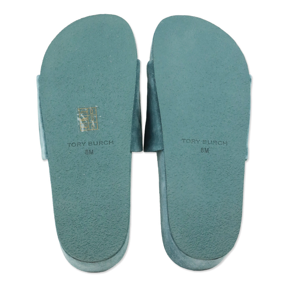 Tory Burch Teal Suede Patos Logo Slide Sandal