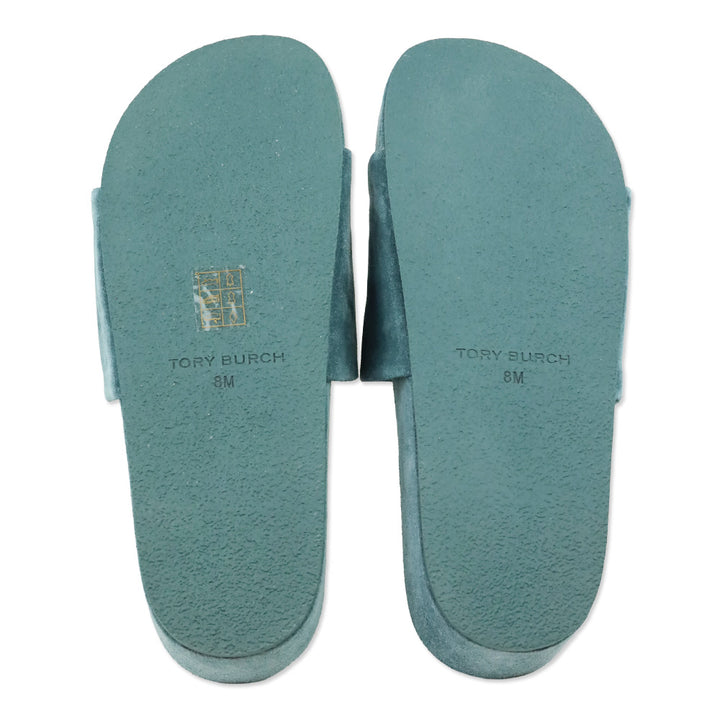 Tory Burch Teal Suede Patos Logo Slide Sandal
