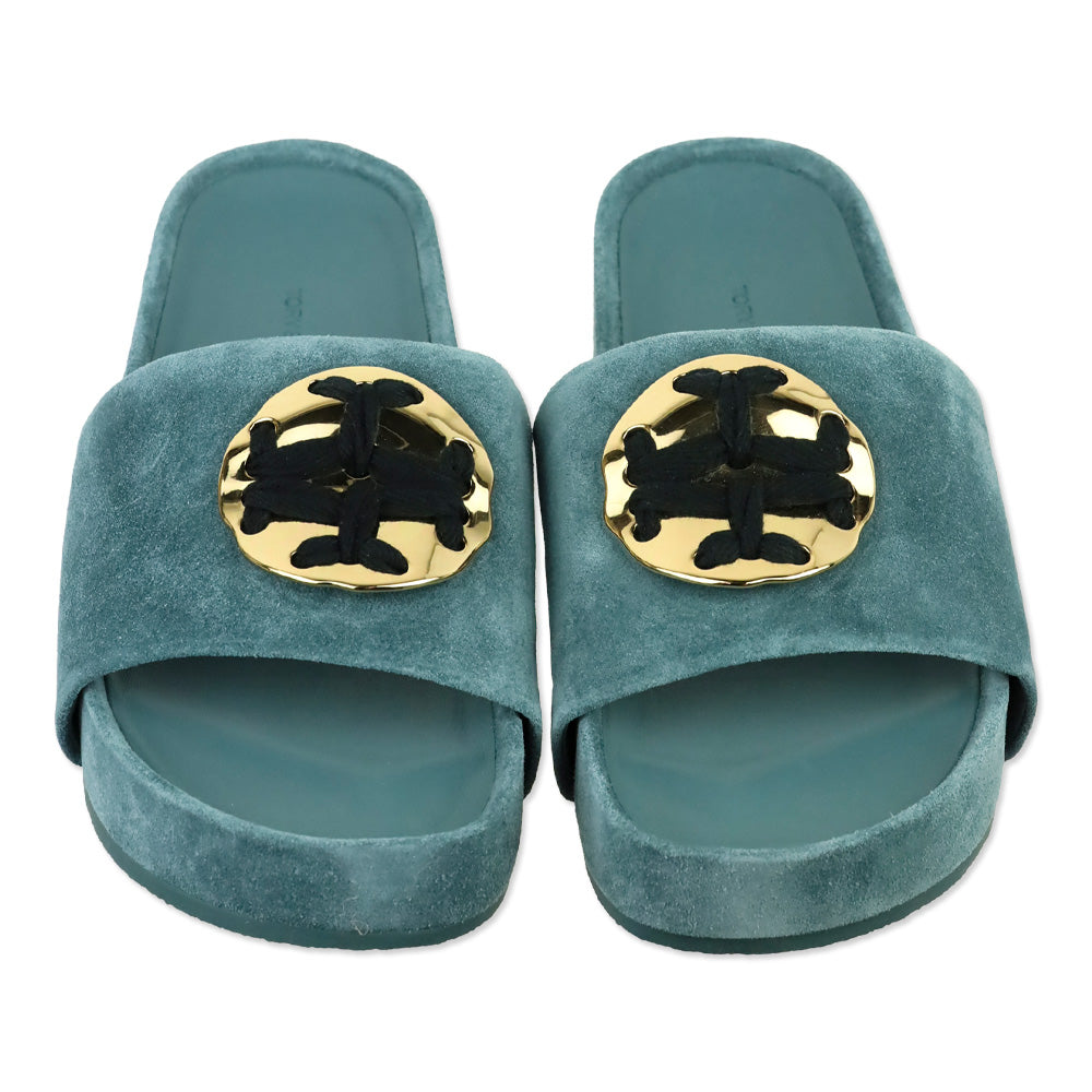 Tory Burch Teal Suede Patos Logo Slide Sandal