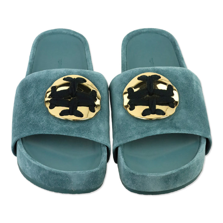 Tory Burch Teal Suede Patos Logo Slide Sandal
