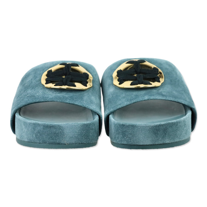 Tory Burch Teal Suede Patos Logo Slide Sandal
