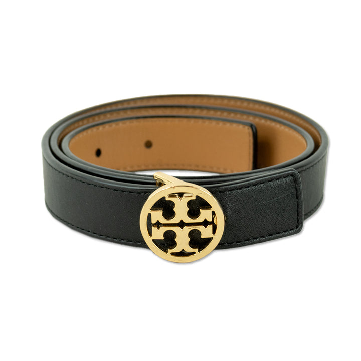 Tory Burch Thin Black Leather Logo Belt