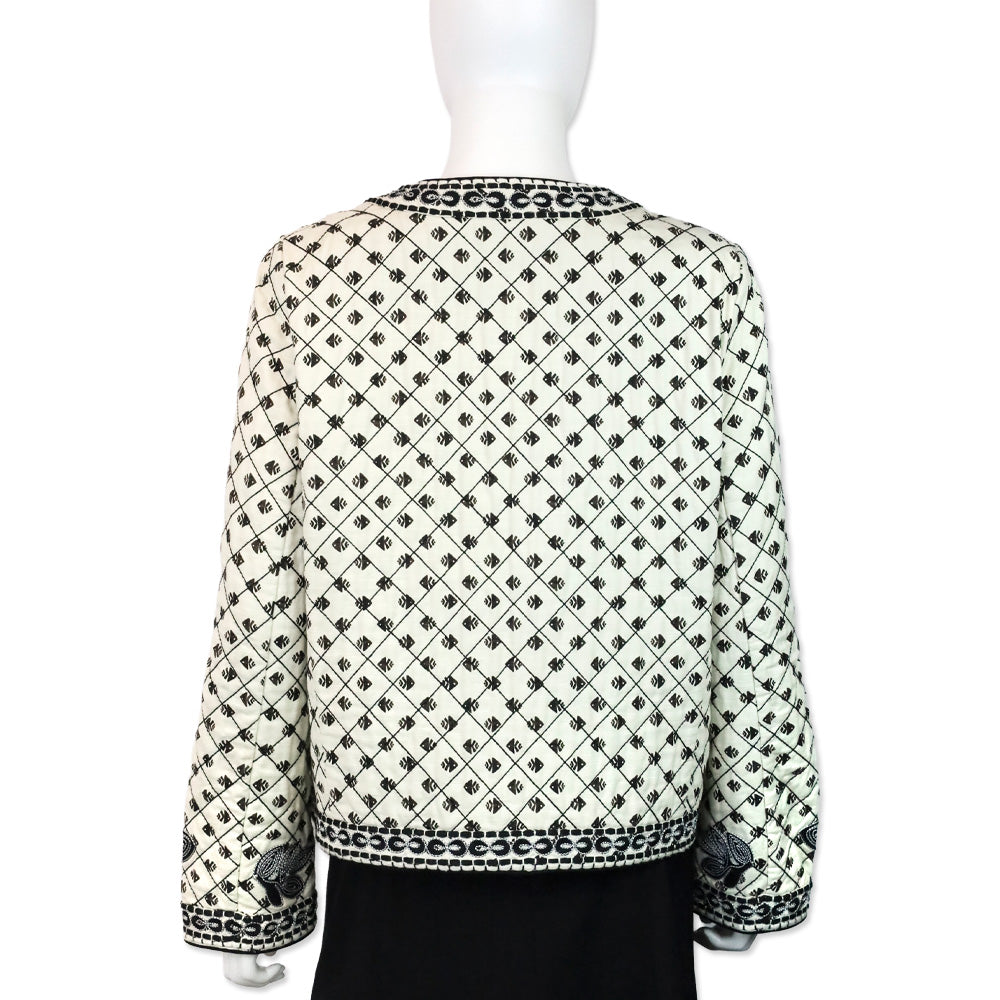 Tory Burch Tilda Ivory Quilted Floral Embroidered Fish-print Jacket