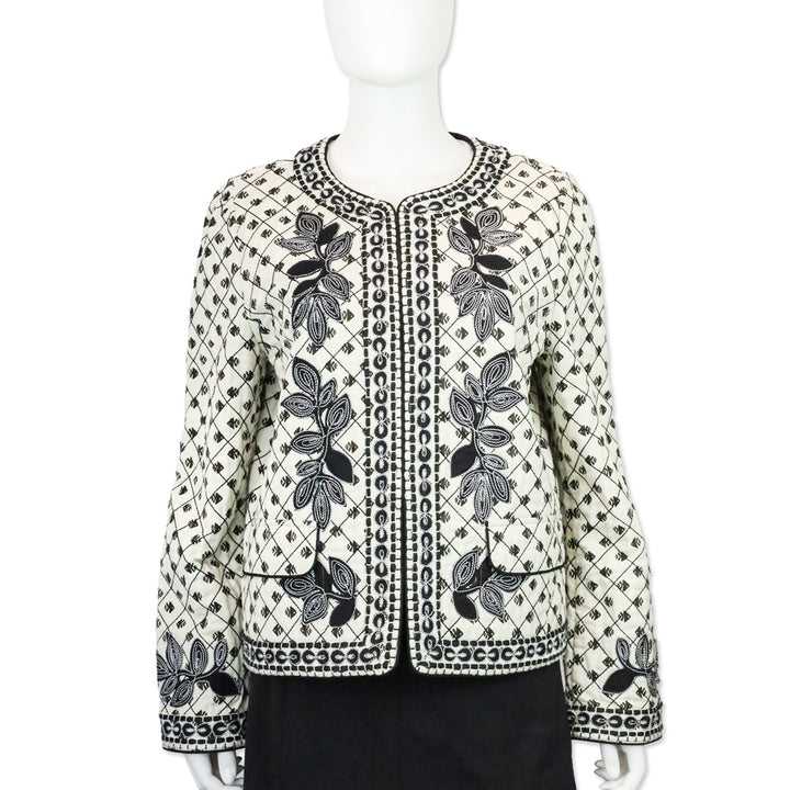 Tory Burch Tilda Ivory Quilted Floral Embroidered Fish-print Jacket