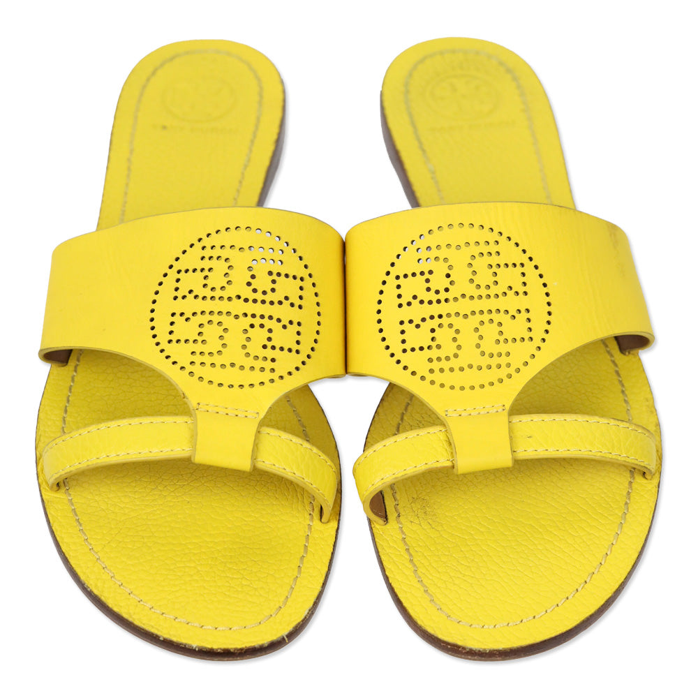 Tory Burch Yellow Leather Perforated Logo Slides