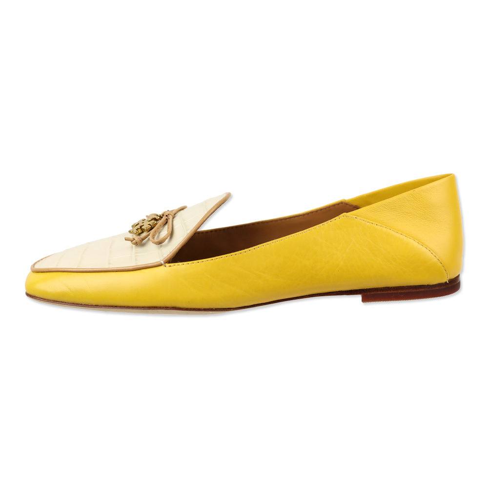 Tory Burch Yellow Leather & Cream Croc Leather Bow Charm Loafer