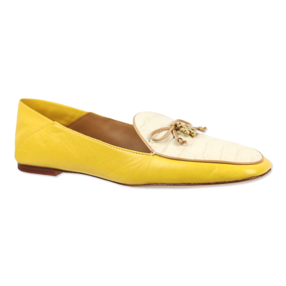 Tory Burch Yellow Leather & Cream Croc Leather Bow Charm Loafer