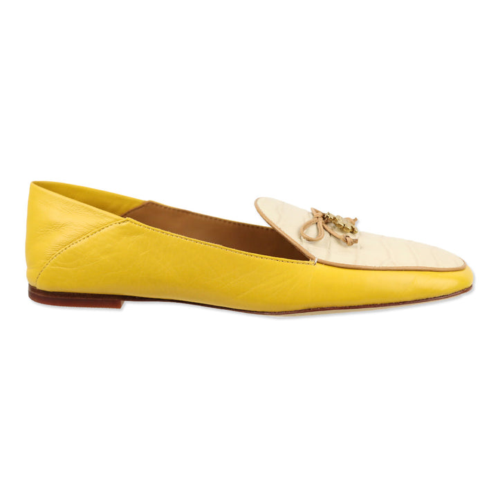 Tory Burch Yellow Leather & Cream Croc Leather Bow Charm Loafer