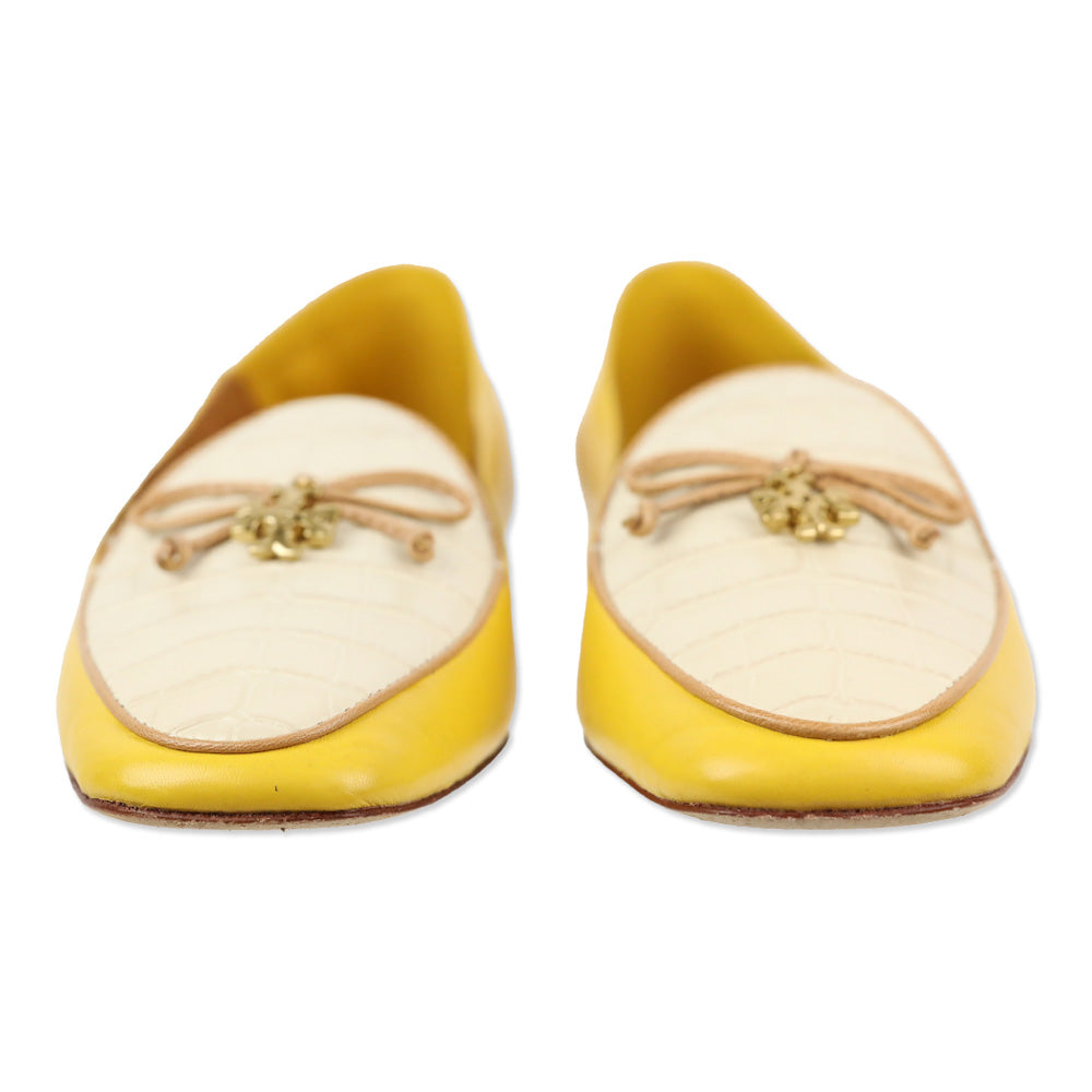 Tory Burch Yellow Leather & Cream Croc Leather Bow Charm Loafer
