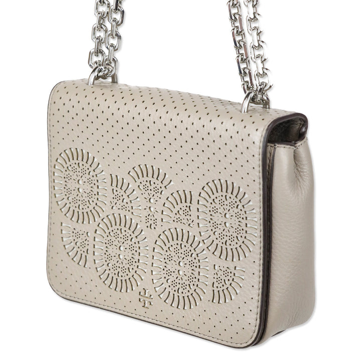 Tory Burch Zoey Mini Laser Cut French Gray Leather Crossbody Bag