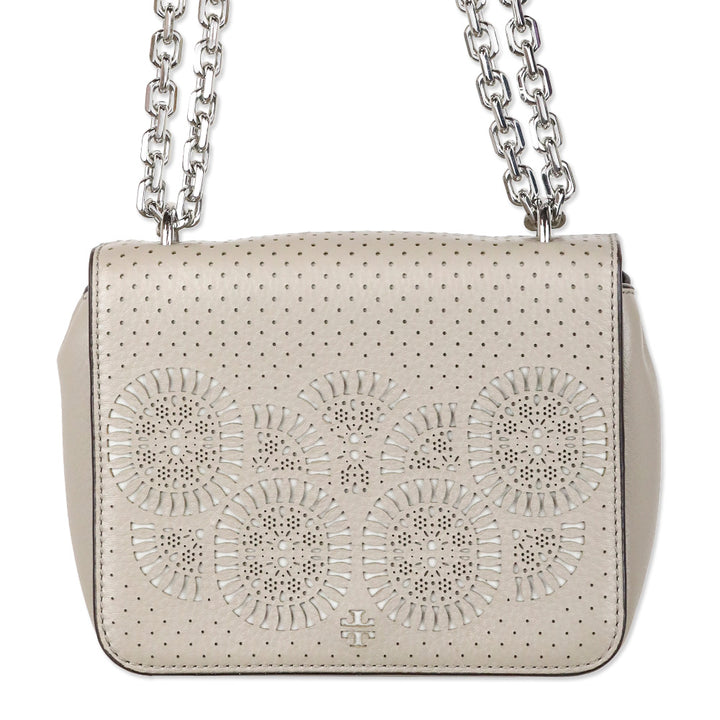 Tory Burch Zoey Mini Laser Cut French Gray Leather Crossbody Bag