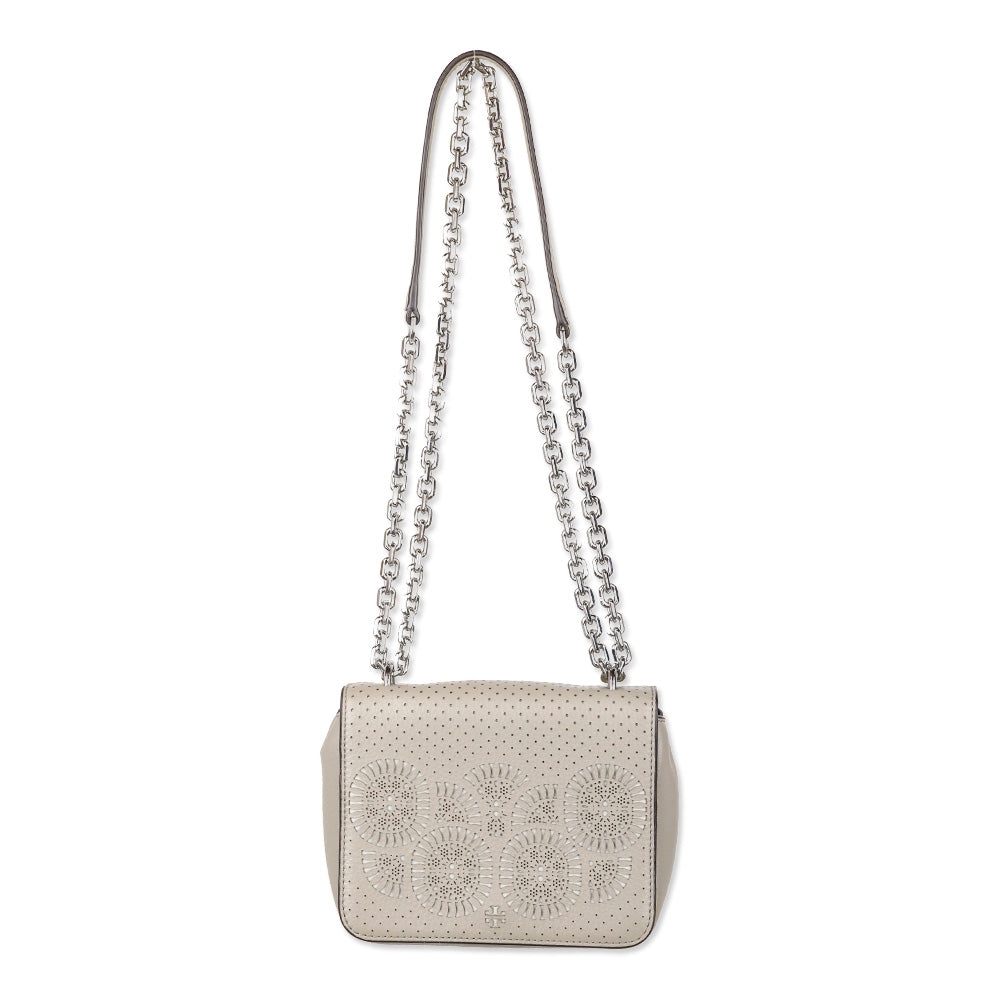 Tory Burch Zoey Mini Laser Cut French Gray Leather Crossbody Bag