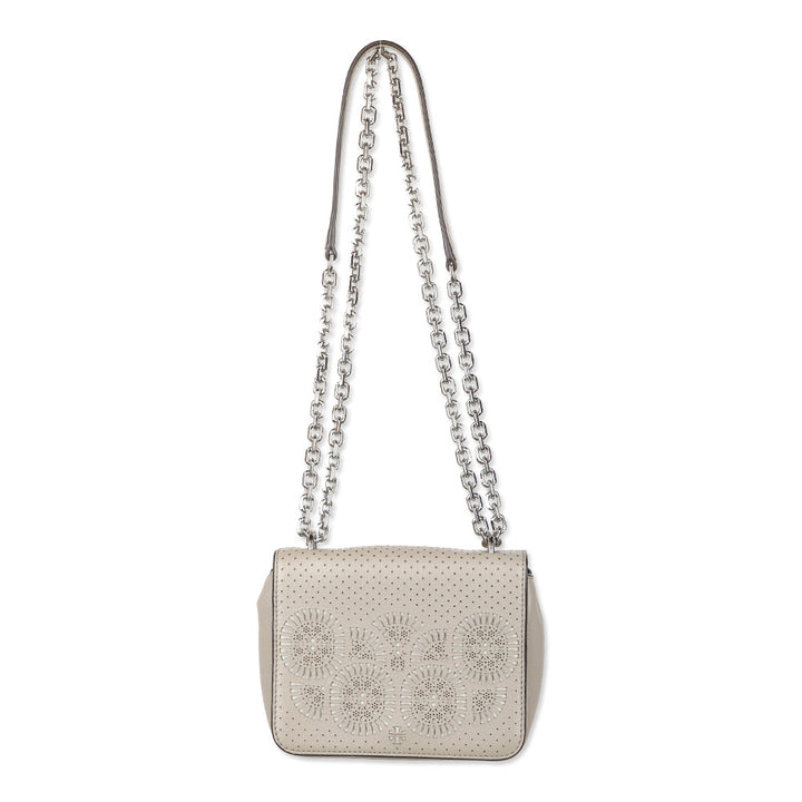 Tory Burch Zoey Mini Laser Cut French Gray Leather Crossbody Bag