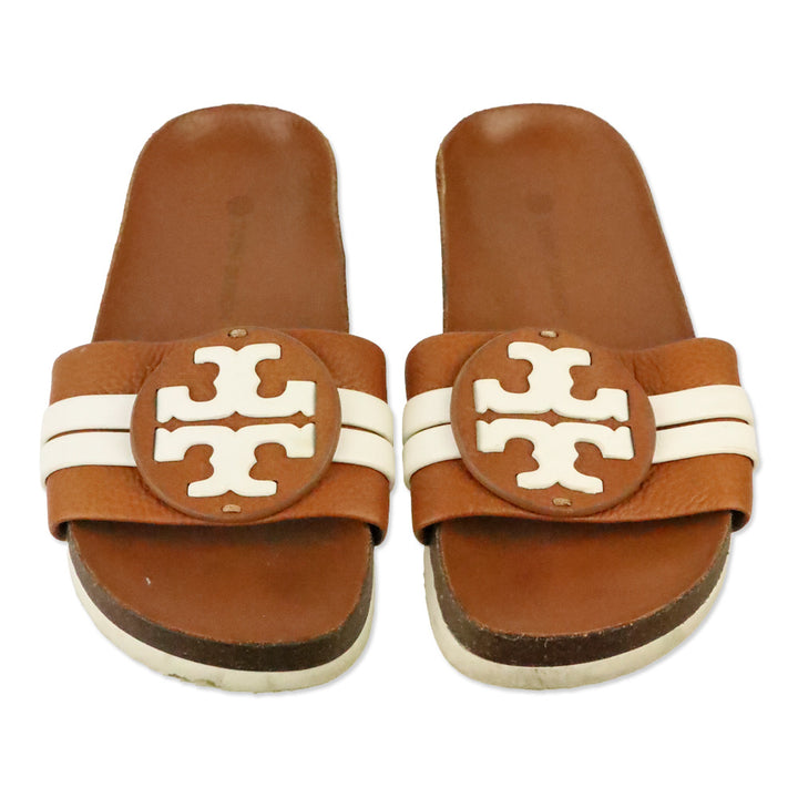 Tory Burch Leigh Brown/White Leather Slide Sandals