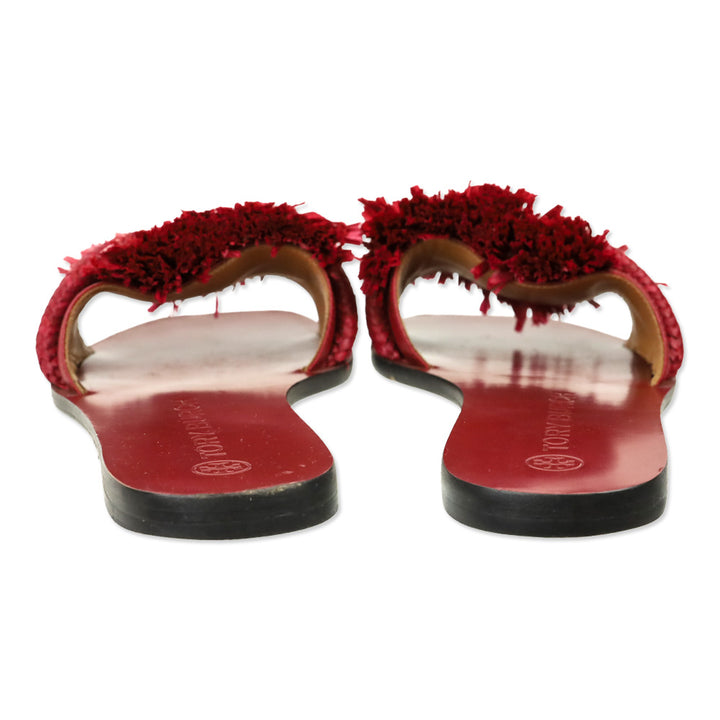 Tory Burch Red Calf Leather/Ropper Raffia Rope Flat Slide
