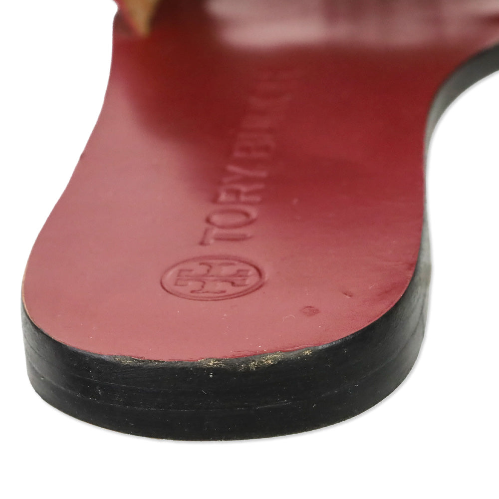 Tory Burch Red Calf Leather/Ropper Raffia Rope Flat Slide