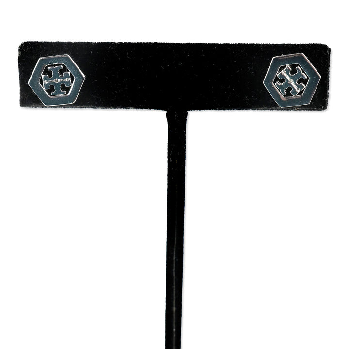Tory Burch Silver Hex Logo Stud Earrings