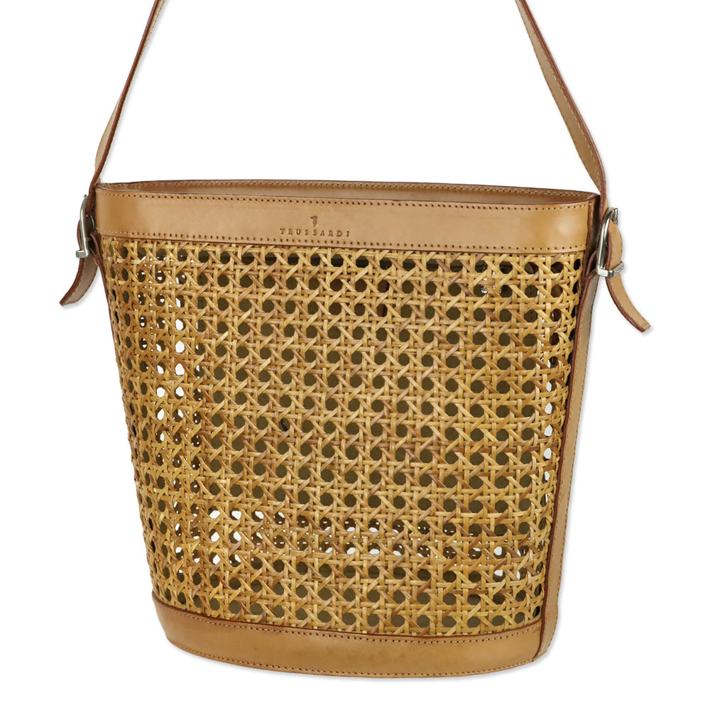 Trussardi Brown Woven Wicker Leather Trim Hobo Bag